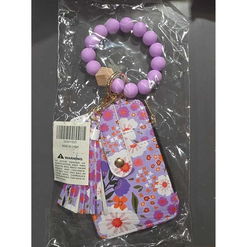 Floral Card Holder Wallet Silicone Bead Keychain Bracelet Tassel Purple Womens